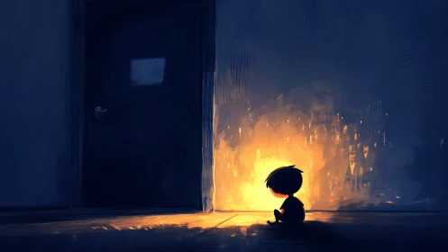 Child silhouette near glowing doorway in dark room.
