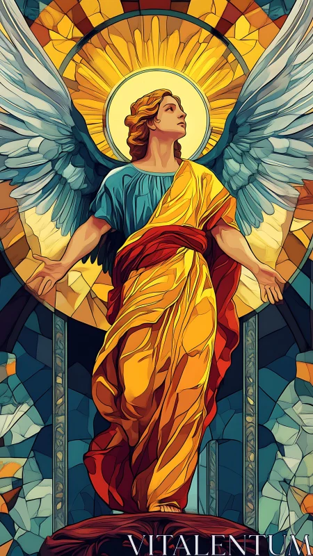 Winged angel in stained glass stands before radiant halo