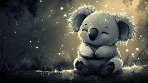 Cute cartoon koala sitting peacefully in glowing night forest.