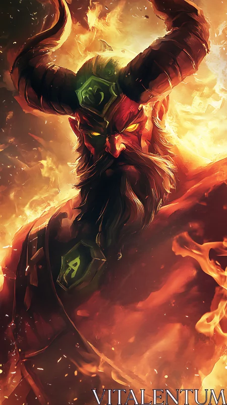 Infernal horned warlord emerging through roaring flames.