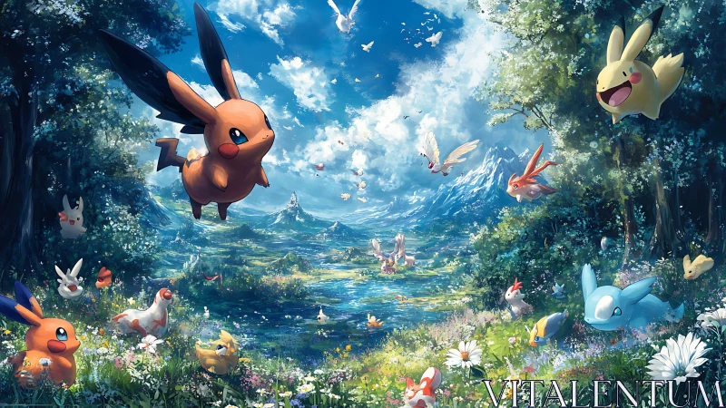 Joyful fantasy creatures playing in a sunlit meadow valley.