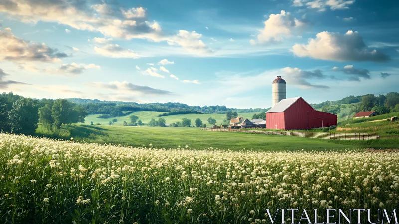Wide-angle rural farm landscape with red barn and grain silo