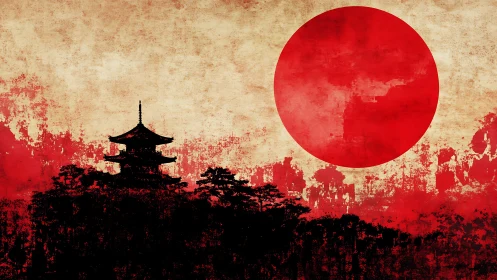 Digital painting of Japanese pagoda silhouette and red sun.