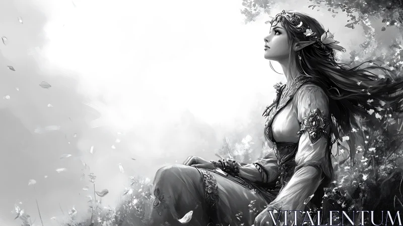 Monochrome elf maiden in ornate armor seated in foliage