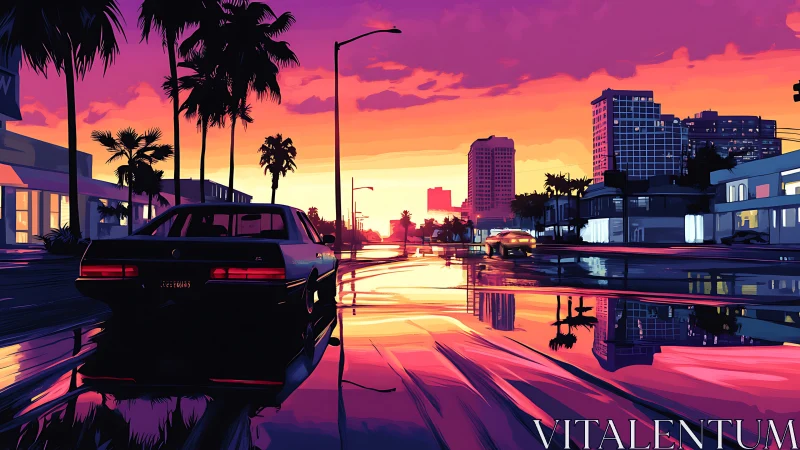 Neon-soaked coastal boulevard at sunset with reflective wet asphalt