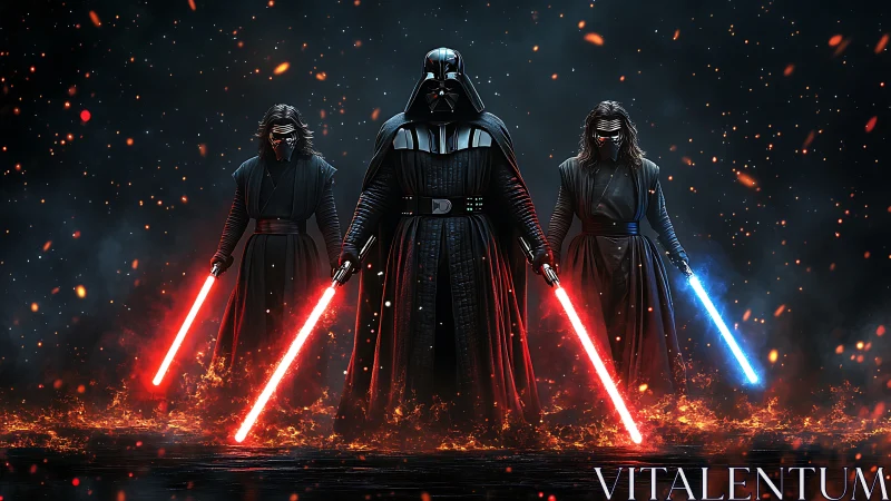 Sith warriors in black armor wield glowing lightsabers.