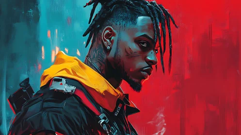 Neon storm warrior cuts through red and teal silence