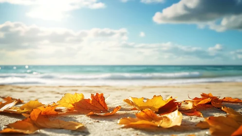 Autumn leaves scattered on a bright sunlit shoreline.