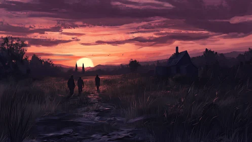 Sunset journey along a rural path toward distant hills.