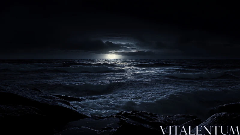Moonlit waves roll beneath brooding storm clouds at night.