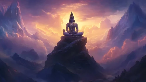 Divine figure meditates above glowing mountain clouds at dusk