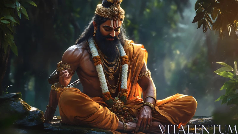 Bearded robed man meditates on forest rock with warm lighting