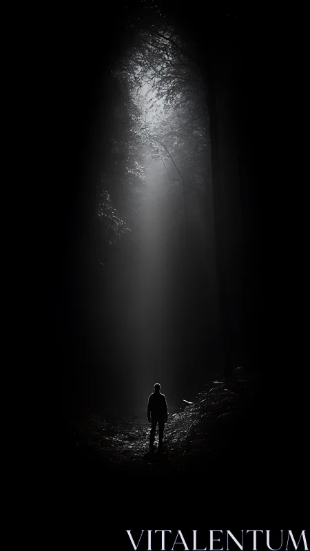 Solitary wanderer pauses beneath a gentle forest light