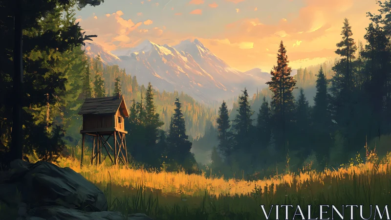 Cozy forest hideout glowing under gentle mountain sunset.