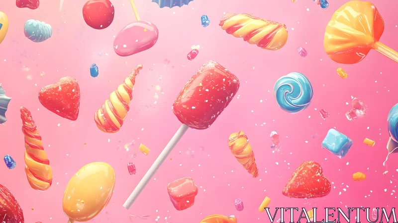 Colorful Assorted Candy Floating on Pink Background, Digital Art.