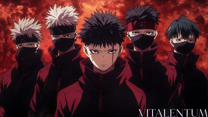 Masked anime squad framed against dark red storm sky.