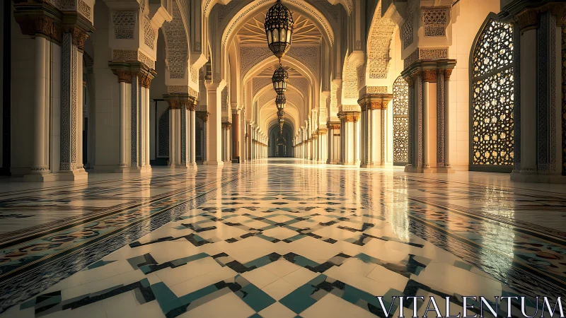 Sunlit Islamic arcade showcases ornate arches and reflections