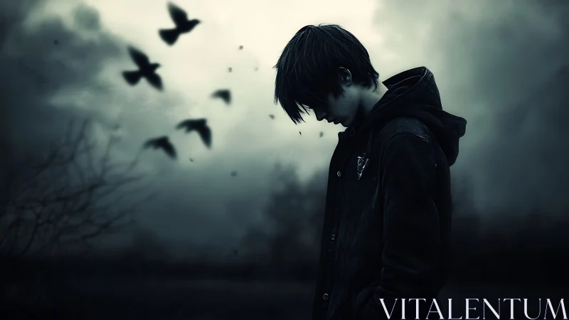 Solitary youth in stormy dusk with ravens in motion.
