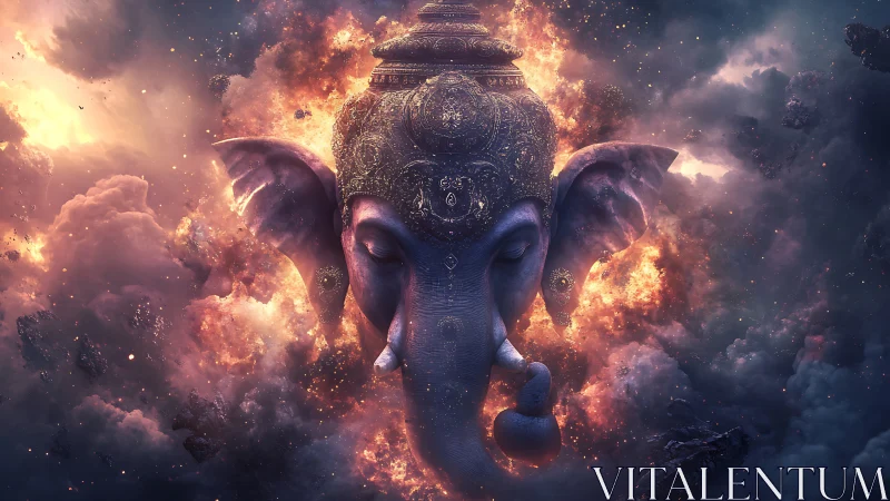 Celestial elephant deity emerges through cosmic firestorm.