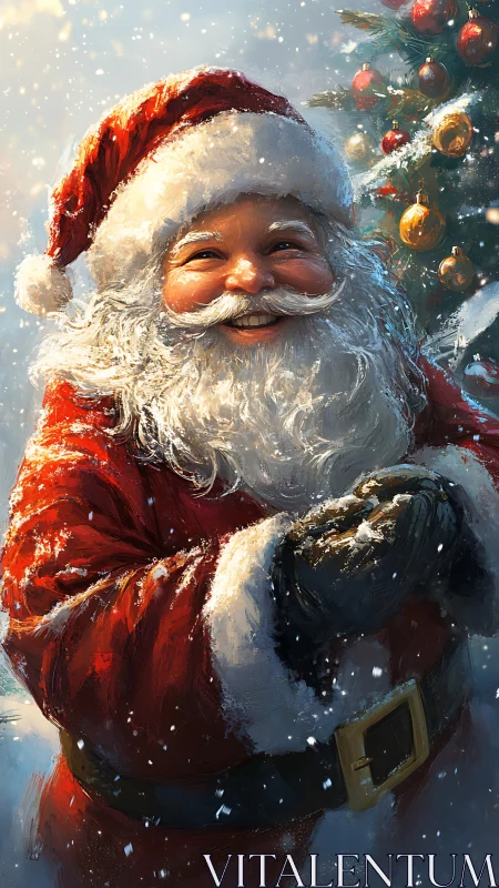 Joyful Santa Claus smiles in sparkling Christmas snowfall