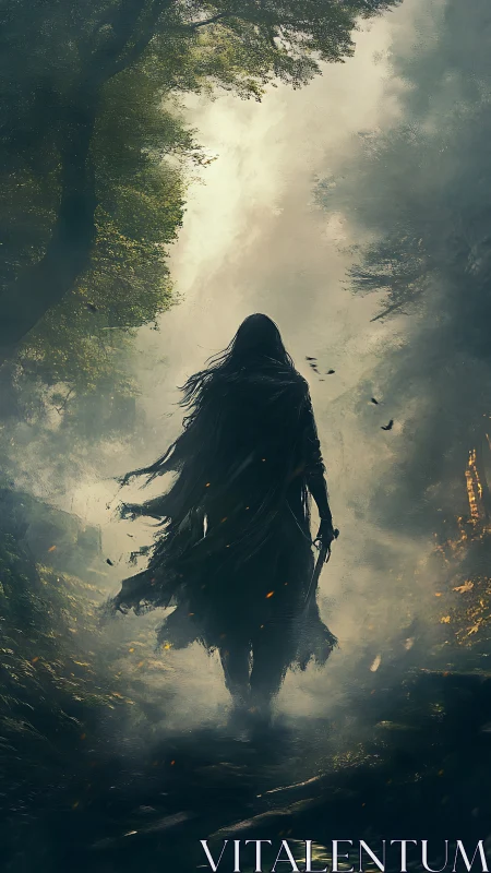 Shadowed wanderer walks calmly through a misty forest path