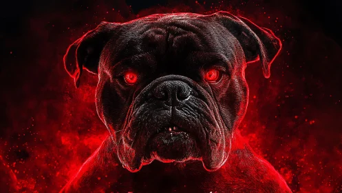 Glowing red-eyed bulldog emerges from fiery digital haze.