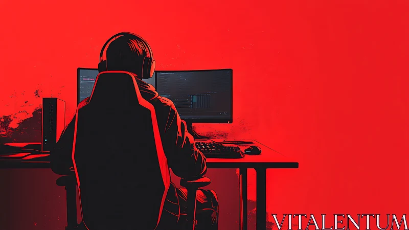 Hooded computer user at dual monitors in red workspace.