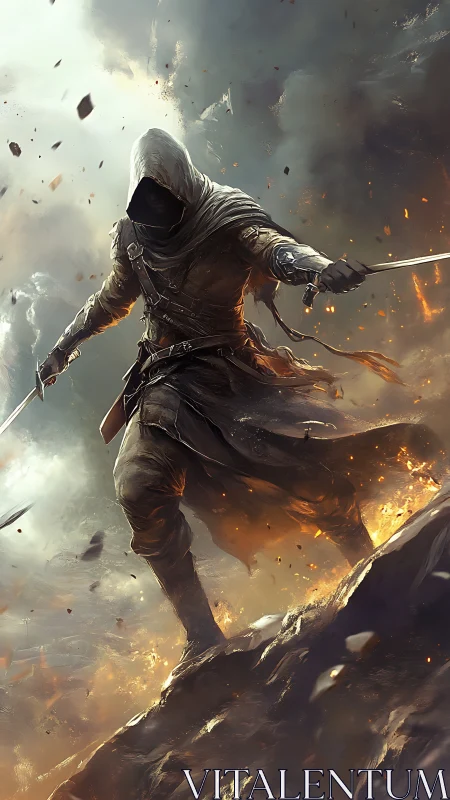 Hooded rogue warrior strides through molten battlefield storm.
