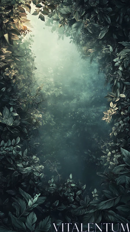 Vertical misted forest portal in immersive digital painting.