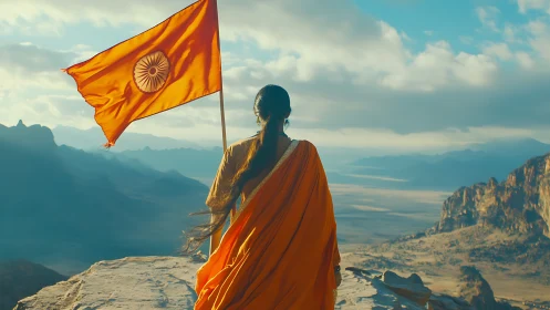 Woman in Orange Saree Holding Indian Flag on Mountain, Cinematic Scene.