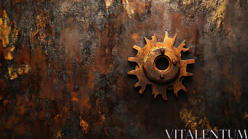 Rusty metal gear rests against a dark industrial wall