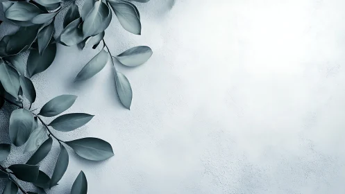 Cool toned foliage on textured plaster wall negative space
