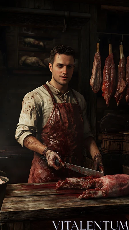 Young butcher in bloodstained shop preparing raw meat.