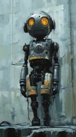 Gentle rusted robot with glowing eyes in a quiet alley.