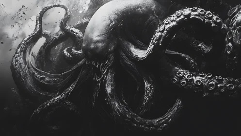 Abyssal titan unfurls storm-slick tentacles in monochrome dread.