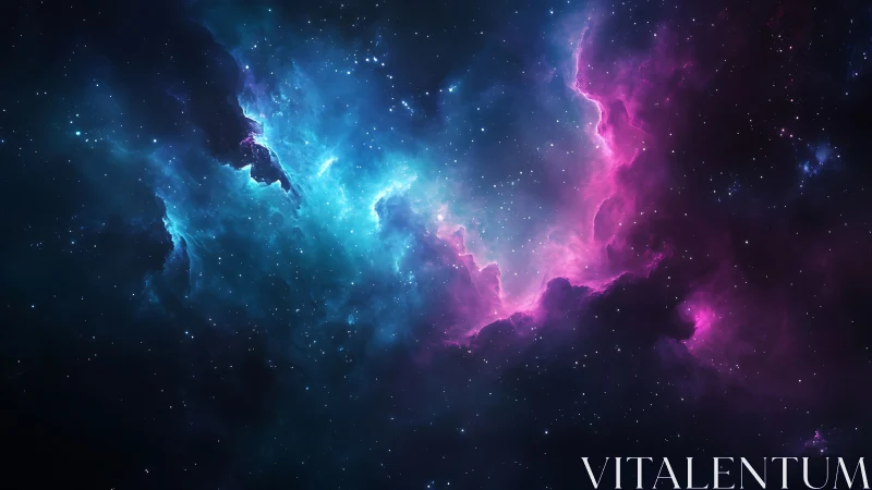 Deep space nebula with blue and magenta ionized gas clouds.