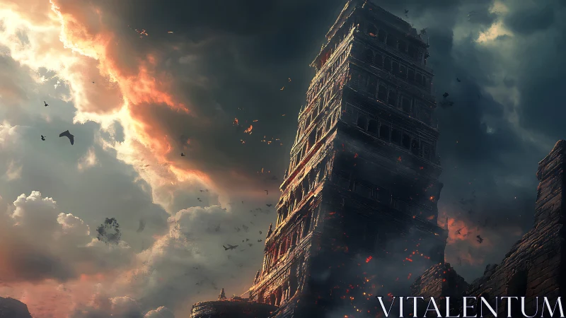 Stormlit ancient tower rising through glowing dusk clouds.