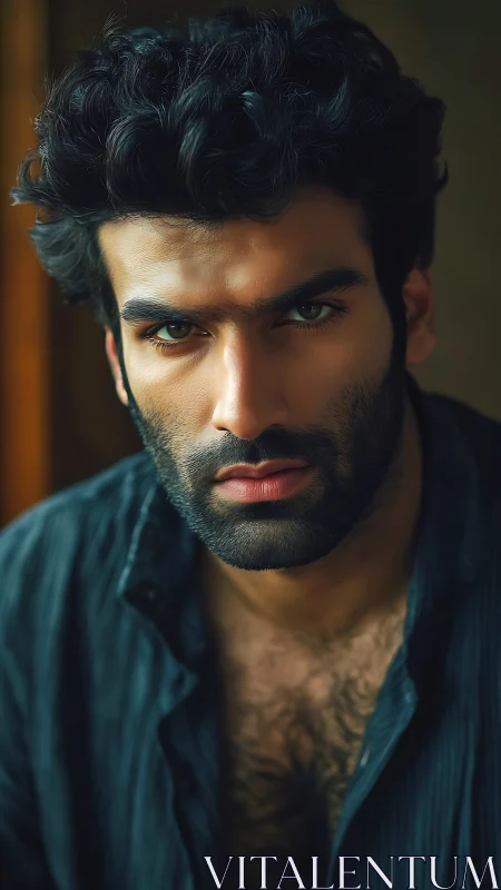 Intense bearded portrait with cinematic shallow depth of field.