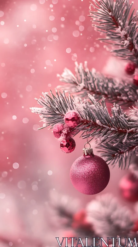 Pink bauble hangs on frosted evergreen branch in soft focus