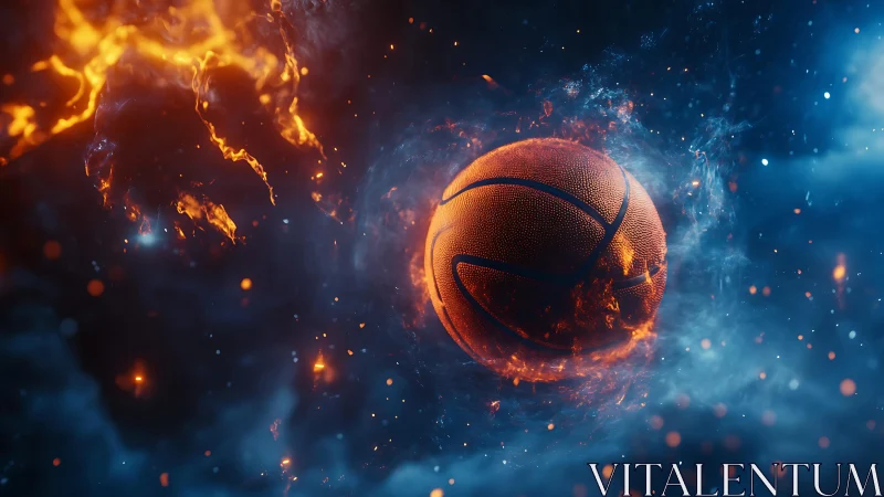 Cosmic firestorm cradles a blazing basketball in frozen motion