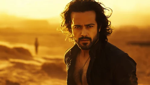 Backlit bearded man in desert landscape under golden haze