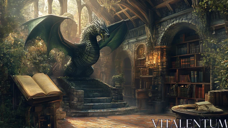 Emerald dragon guardian within sunlit arcane library hall.