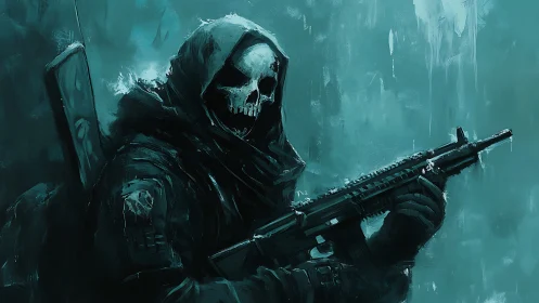 Skull-hooded phantom commando stalks the teal war fog.