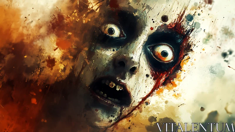 Distorted face with wide eyes in abstract splattered field.