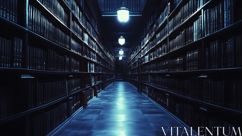 Midnight archive corridor glimmering with sleeping stories.