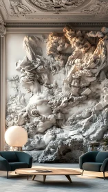 Parametric baroque relief wall in minimal lounge interior.