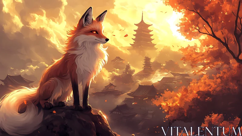 Golden fox spirit watches over a peaceful autumn temple valley