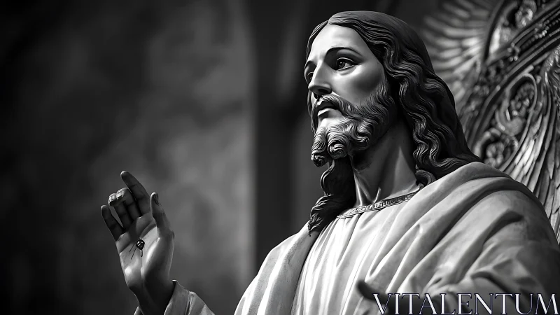 Devotional marble Christ sculpture in dramatic grayscale light.