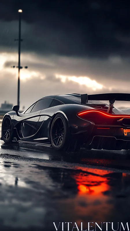 Sleek black supercar on wet city street at dusk.