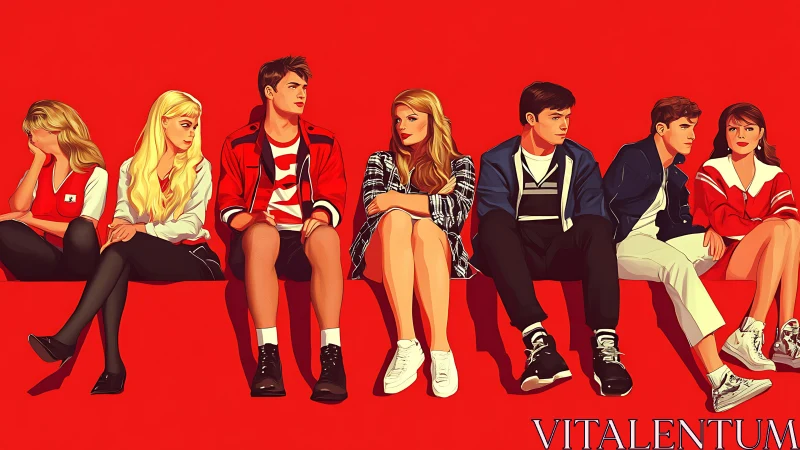 Teen group sitting on red bench in bold graphic style.